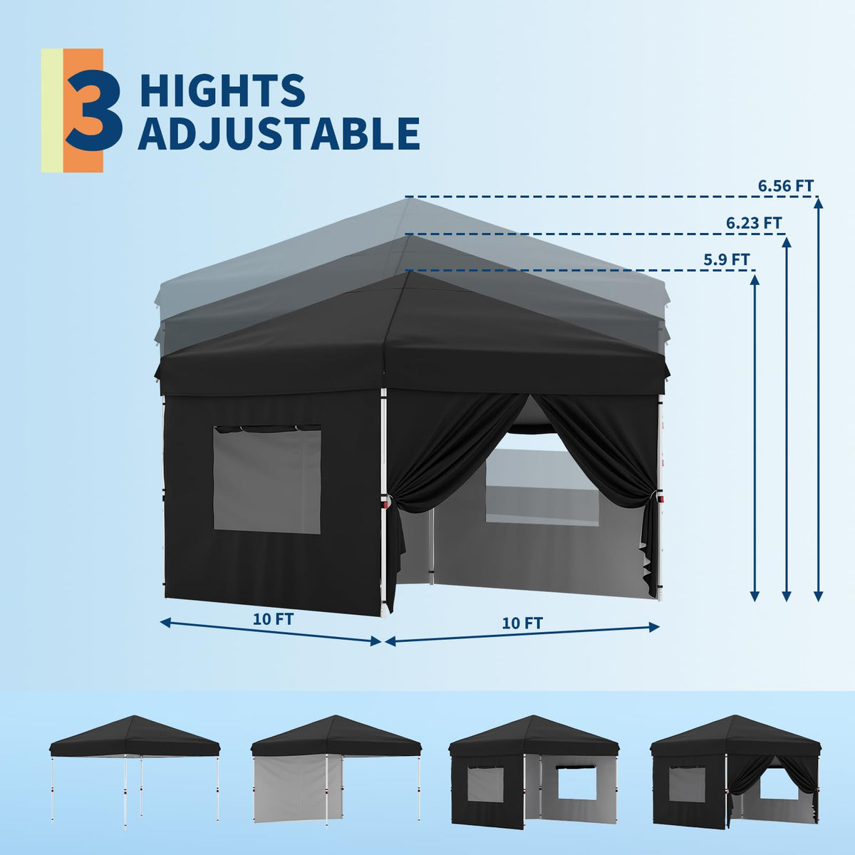 Garvee 10 ft x10 ft Pop Up Canopy Tent with 4Pcs Sidewalls, Portable Instant Commercial Canopy with 4 Stakes, 4 Ropes, 4 Sandbags for Farmers' Market, Patio, Outdoor, Camping, Black