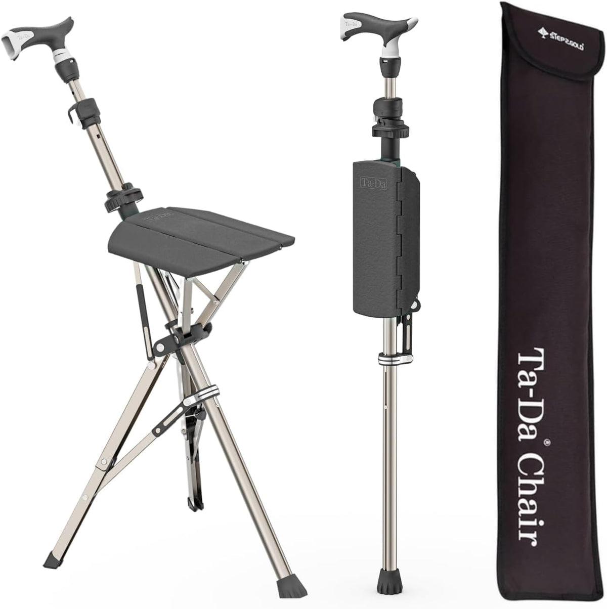Ta-Da Chair Series 1 Pro, Portable Trekking Hiking Pole, Folding Walking Stick with Seat, Walking Cane with Chair, Foldable Chair, Lightweight Aluminum, Easy Carry and Storage, Anti-Slip, Black