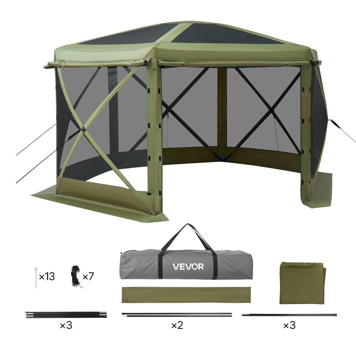 VEVOR Pop up Gazebo Screen Tent, 12 x 12 ft Large 6-Sided Camping Canopy Tent with Removable Top & Carry Bag, Quick-Set & Bite-Proof, Screen House Sun Shelter for 8-10 Persons Backyard Patio, Green