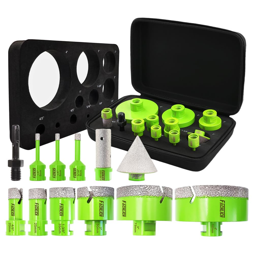 FACHLICH Tile Hole Saw Kit - 12pcs Diamond Core Drill Bits Set 1/4" 5/16" 4/5" 1" 1-3/8" 2" 3" 4" with 4/5" Finger Bit 2" Beveling Chamfer Bit for Porcelain Ceramic Granite Marble