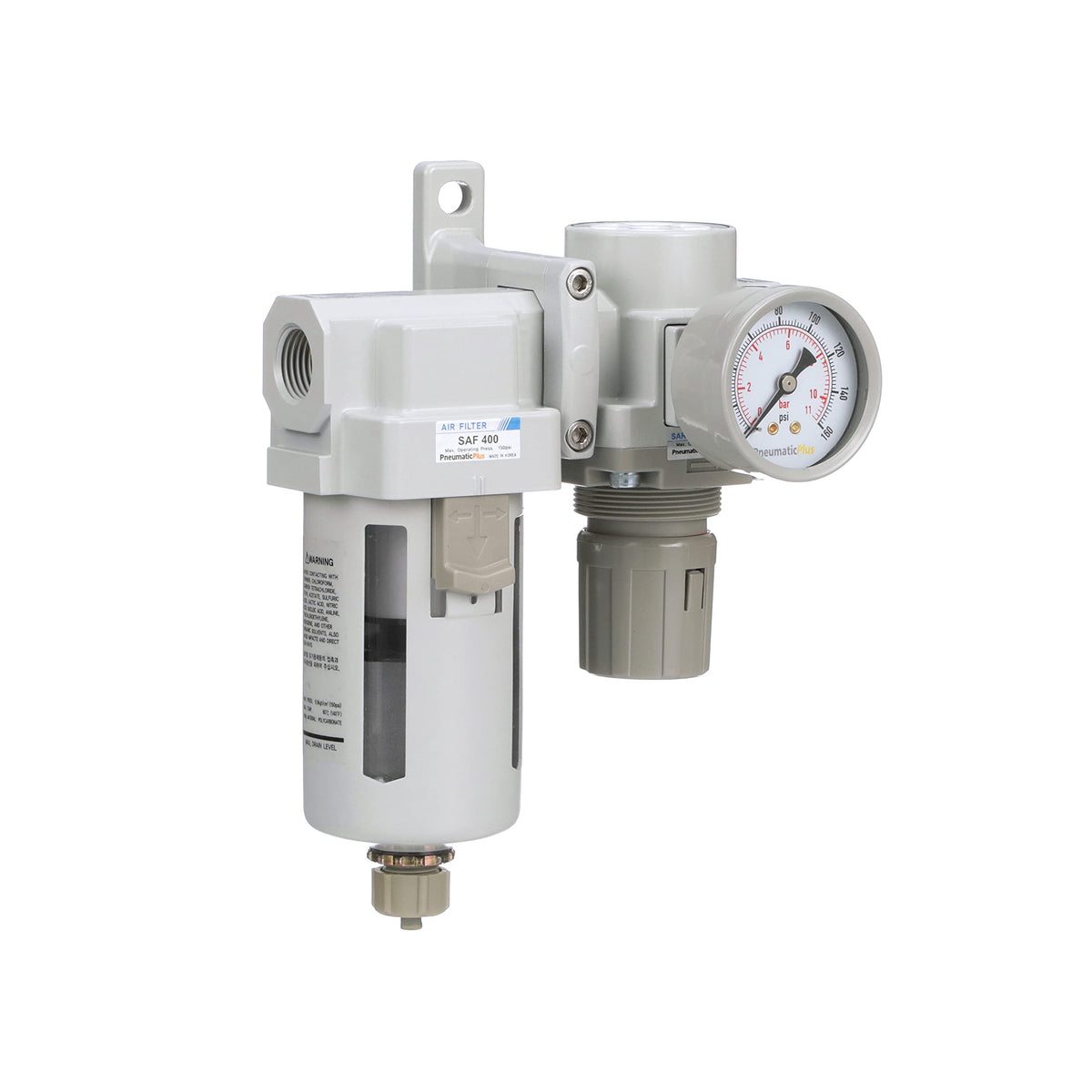 PneumaticPlus SAU420-N06G Compressed Air Filter Regulator Combo 3/4" NPT - Poly Bowl, Manual Drain, Bracket, Gauge