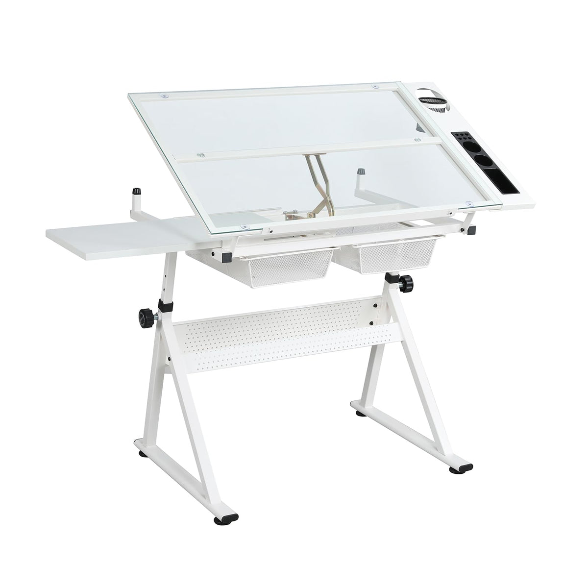 Garvee Drafting Table w/Stool, Height Adjustable Drawing Table, Multifunctional Art Craft Paintings Work Station w/2 Storage Drawers, 0-75° Tilting Glass Tabletop for Home Office, White
