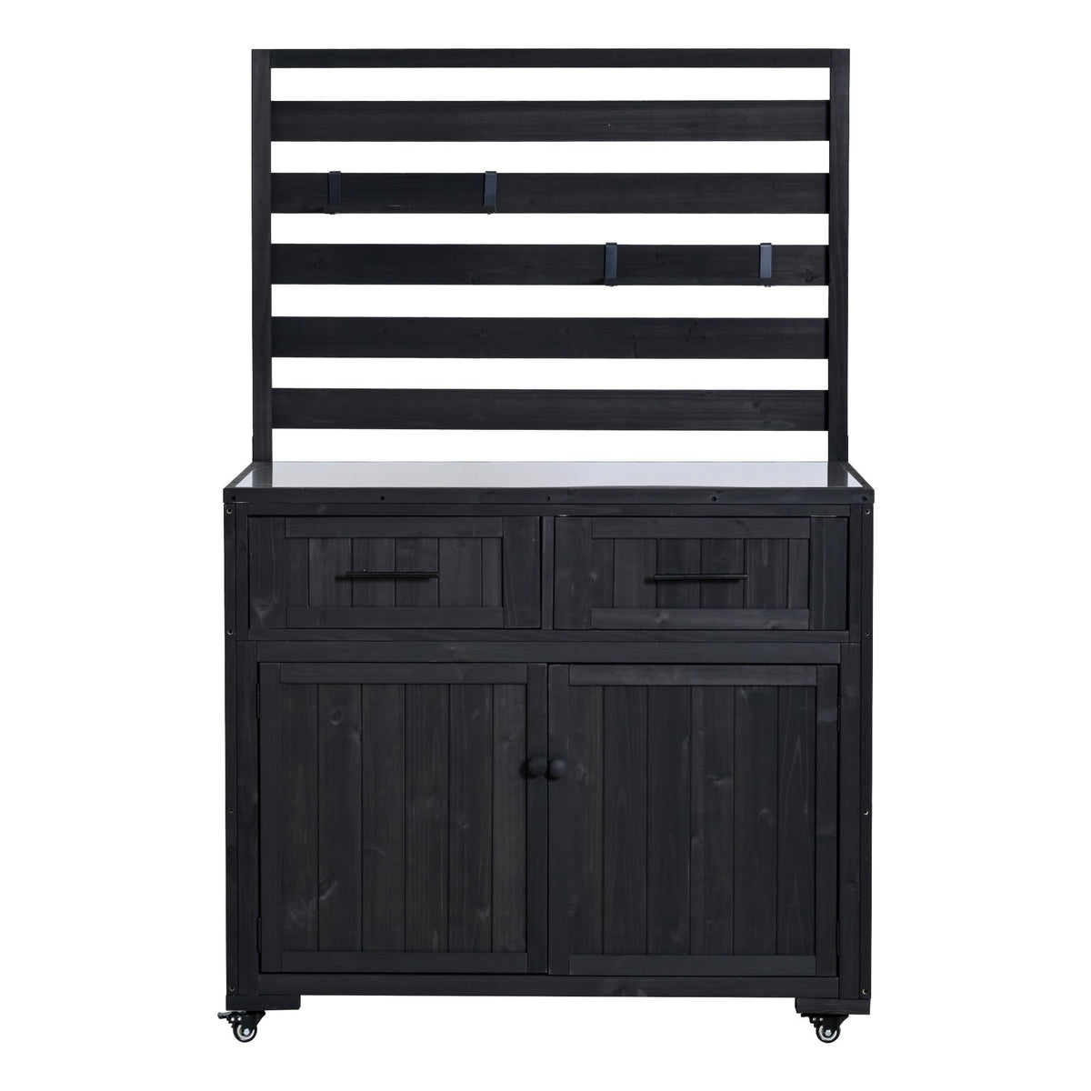 GDFStudio Junlyn Patio Kitchen Island Cart with Storage, Wooden Outdoor Storage Cabinet with Stainless Steel BBQ Prep Table Top, Drawers, Shelves and Lockable Wheels, Garden Potting Bench, Black