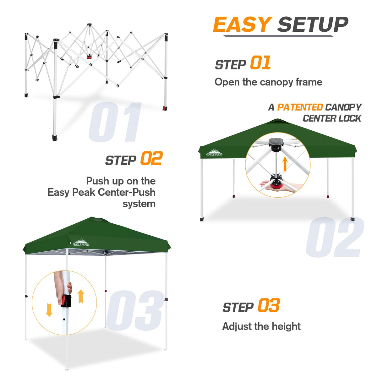 EAGLE PEAK Pop Up Canopy Tent with Wheeled Carry Bag, 8 Stakes, 4 Ropes, Easy Set Up Tent Canopy, 6.6x6.6 ft, Green