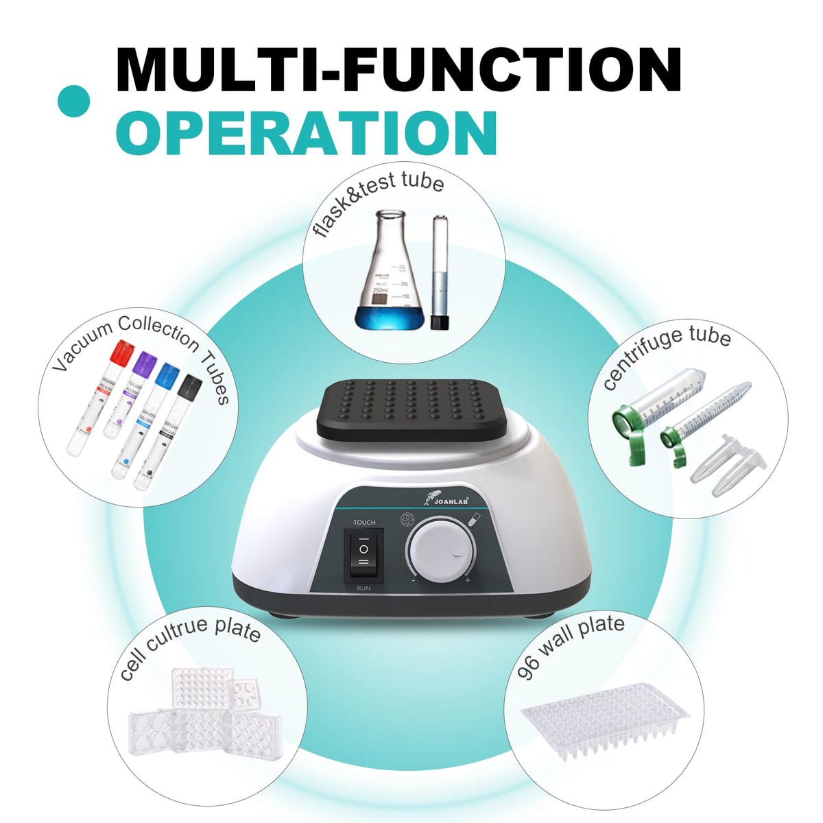 JOANLAB Lab Multifunction Vortexer Laboratory Vortex Shaker with 7 Modules for 0.2ml/0.5ml/1.5ml/2ml/ 5ml/15ml/50ml Tube 96-Well Plate Flask Continuous & Touch Modes 0 to 3000 RPM Adjustable