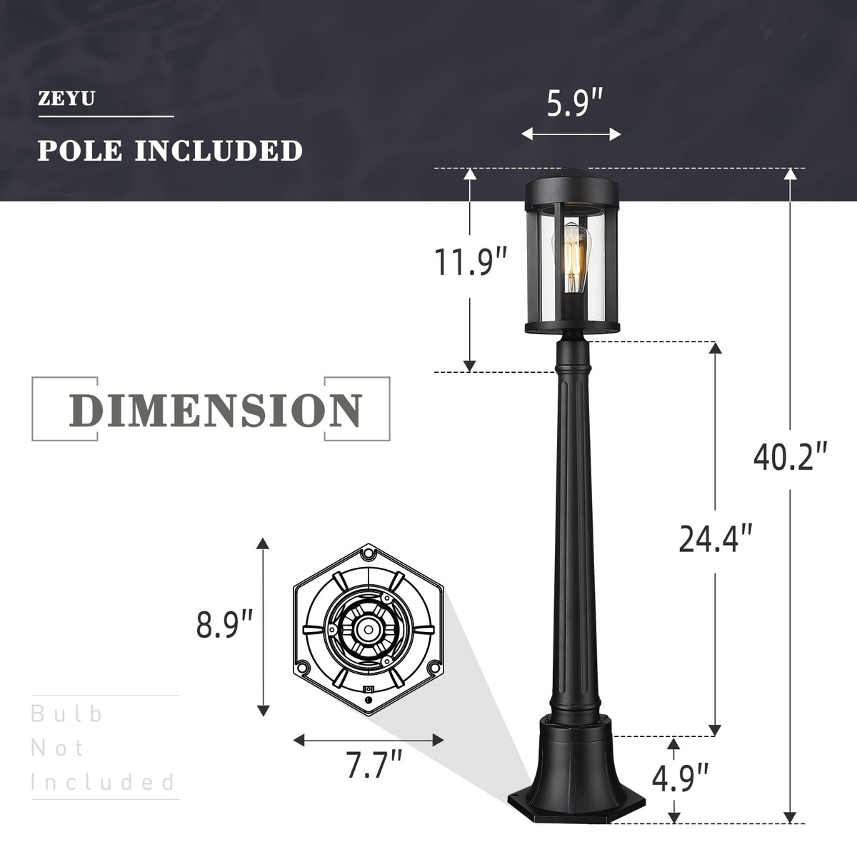zeyu 40.2'' Modern Outdoor Post Light, Modern Exterior Pole Light, Pathway Light with Pole Mount Base, Black Metal Finish with Clear Glass Shade, ZW118PL BK