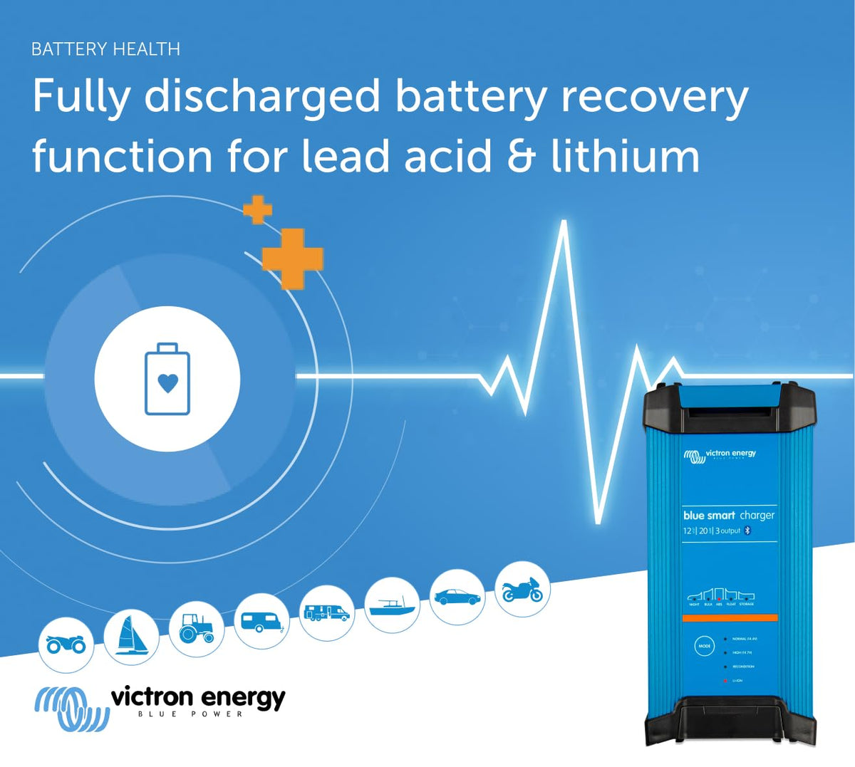 Victron Energy Blue Smart IP22 Smart Car Battery Charger 12V 20A, Float & Trickle Charger and Desulfator for Motorcycle, ATV, RV, Lithium and Deep Cycle Batteries, 3 outputs