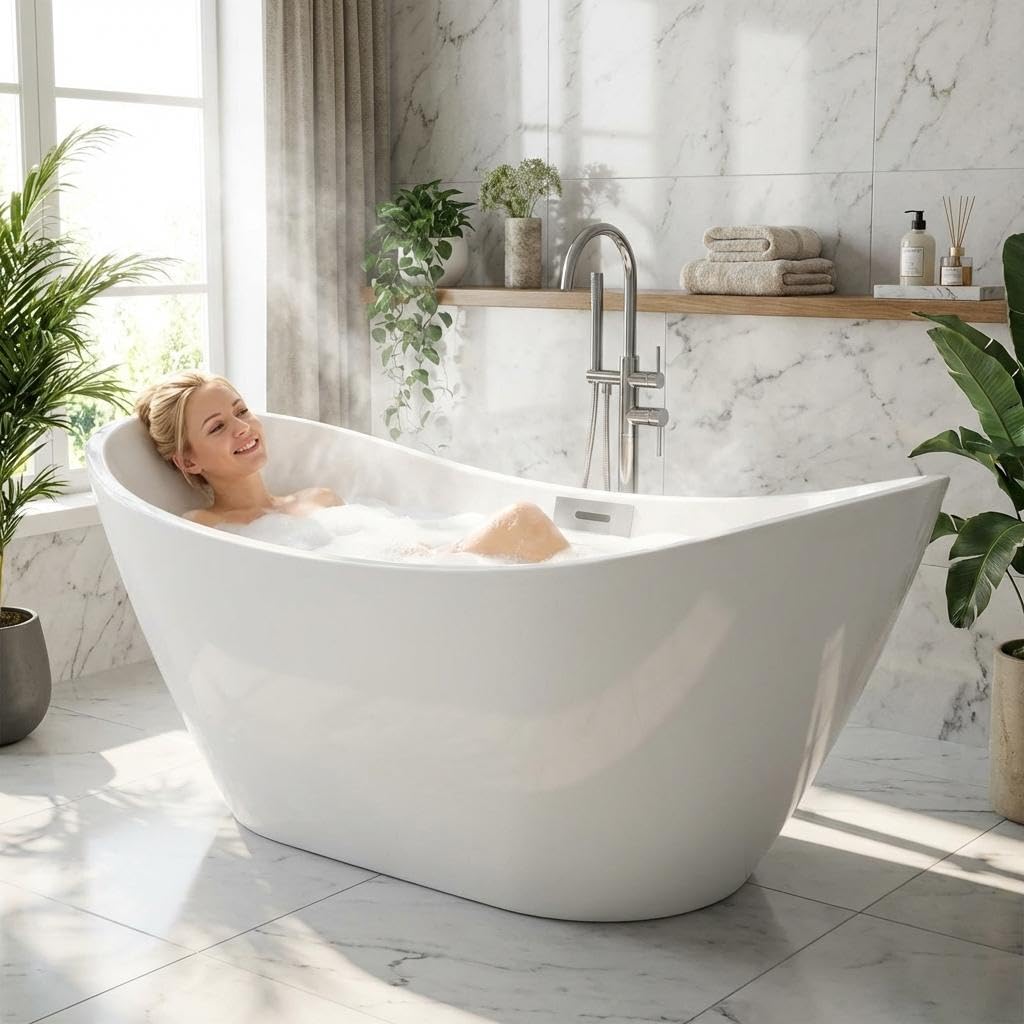 Garvee 67" Acrylic Freestanding Bathtub, Modern Deep Soaking Tub, cUPC Certified Free Standing Tub, Chrome Drain/Overflow, White Acrylic, Sky White