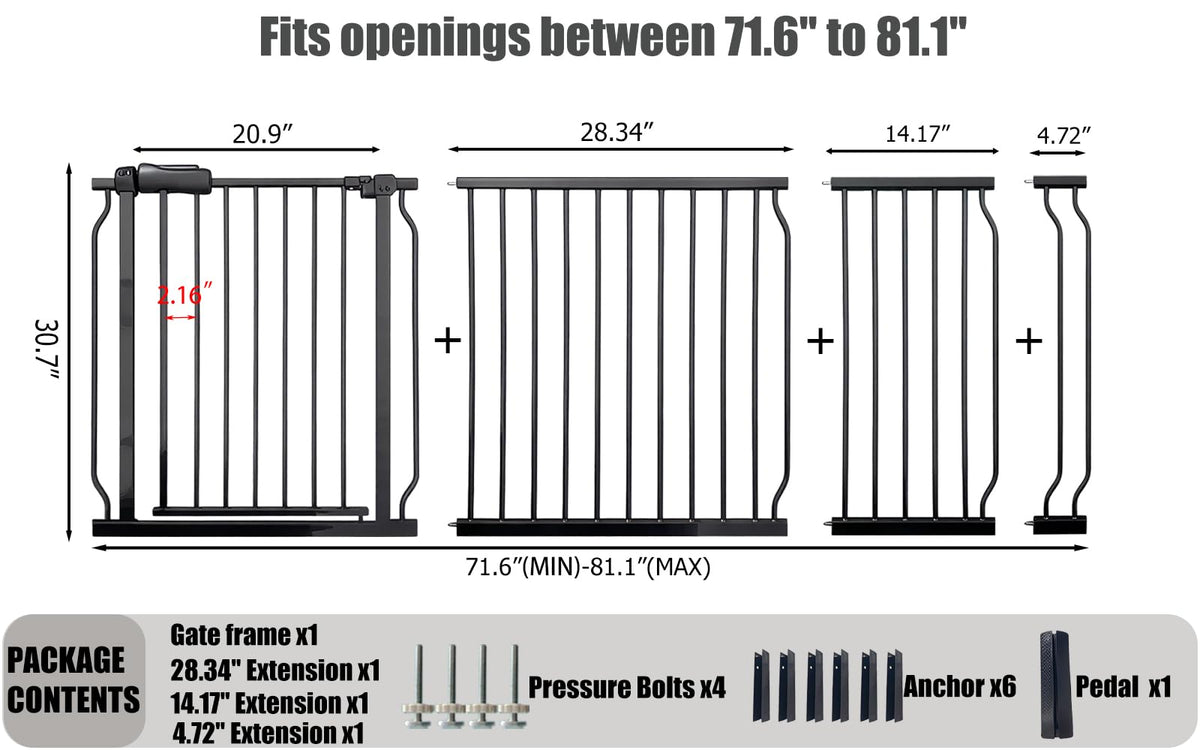 Heavy Duty Baby & Pet Safety Gate - Extra Wide 76.4-81.1 Inch, Black Metal, Pressure Mounted, Walk-Through