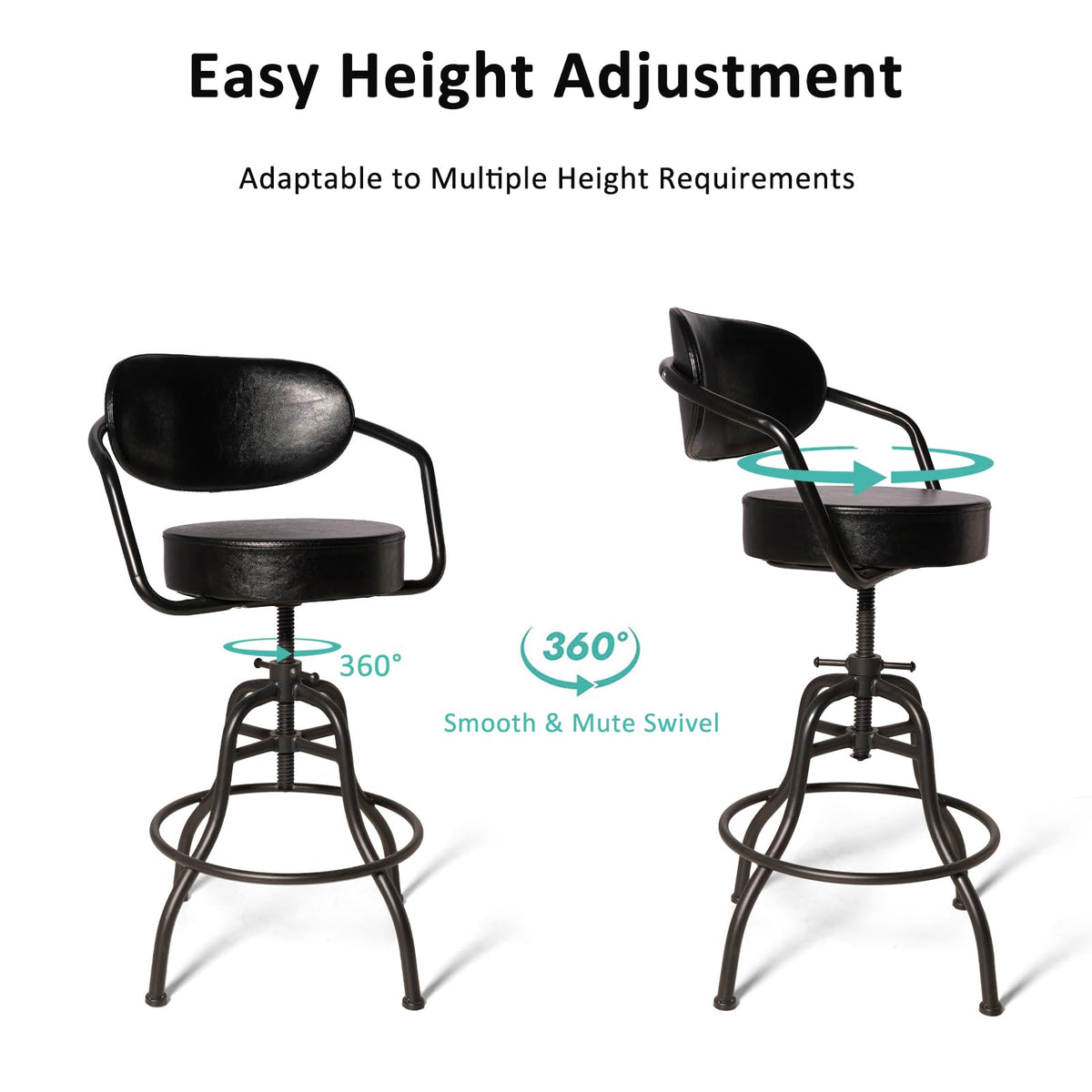 BOKKOLIK Industrial Office Chair with Backrest 21.7-25.6inch Height Adjustable Vintage Bar Stool with Swivel PU Seat Rustic Drafting Drawing Chair for Workbench Office Desk