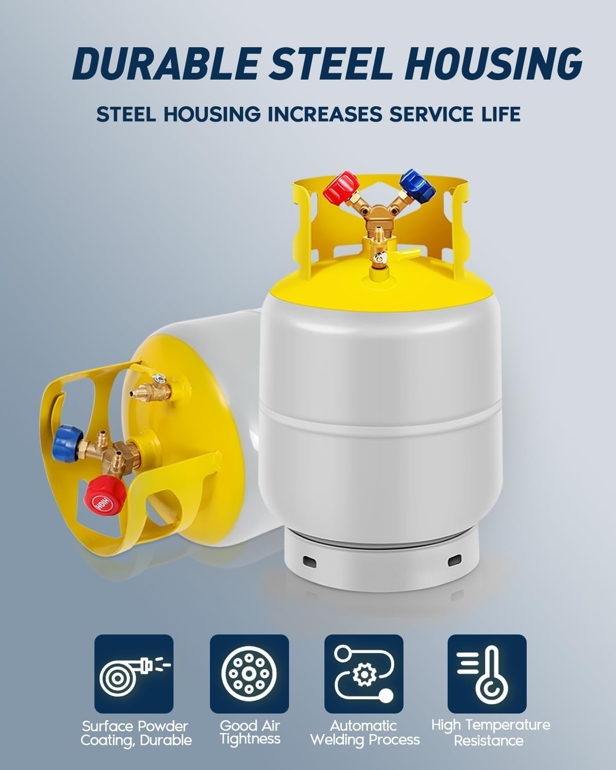 FAHKNS Refrigerant Recovery Tank 30 LB with 1/4 SAE Y-Valve Liquid/Vapor Reclaim Tank AC Freon Recovery Tank Refrigerant Recovery Cylinder Tank Reusable Cylinder Tank Without Float Switch Gray Yellow