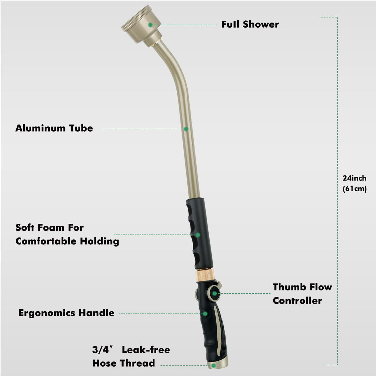 RESTMO Long Watering Wand, 24 Inches Gentle Soft Full Shower Sprayer Wand with Thumb Flow Control, Heavy Duty Metal Hose Wand for Hanging Baskets, Shrubs, Plants, Flowers, Garden and Lawn
