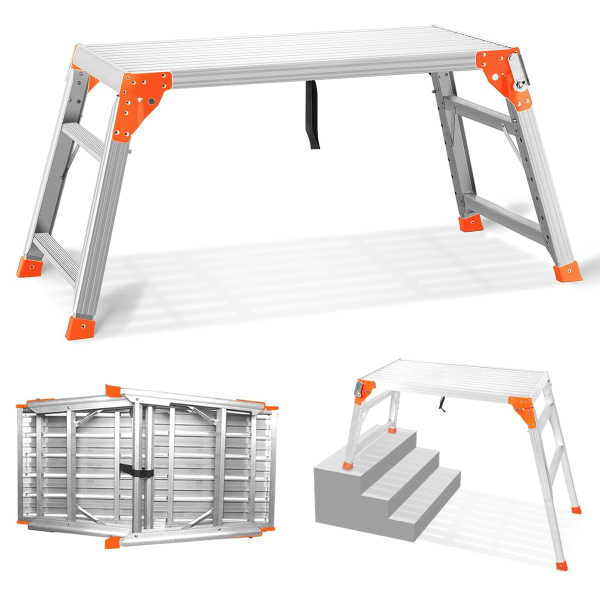 SHANTRA Multifunctional & Adjustable Work Platform with 330 lbs Capacity, 24 to 35 inches Step Ladder, Aluminum Folding Scaffolding Ladder, Heavy Duty Portable Work Bench Stool with Non-Slip Feet
