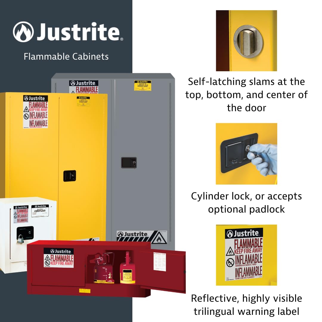 Justrite 45 Gallon Manual Close Flammable Storage Cabinet, 18 Gauge Steel, 2 Shelves, 2 Door Fire Cabinet, 65" x 43" x 18", Made in The USA, Yellow, 894500