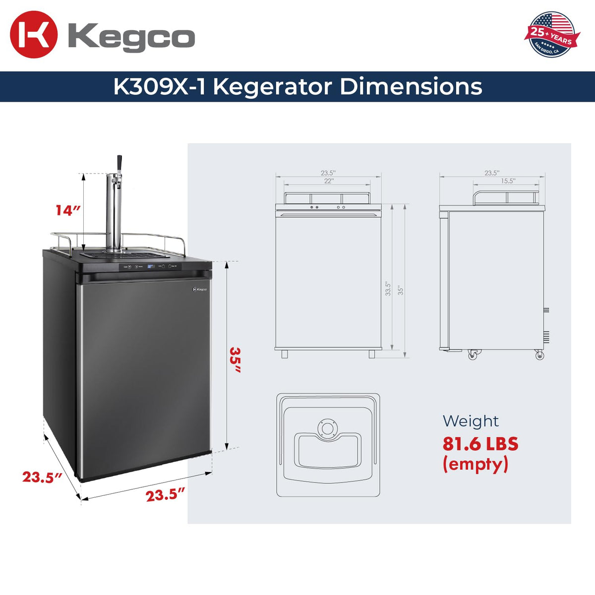 Kegco 3PK309X-1 Keg Dispenser, 1 Tap, Black Stainless Steel