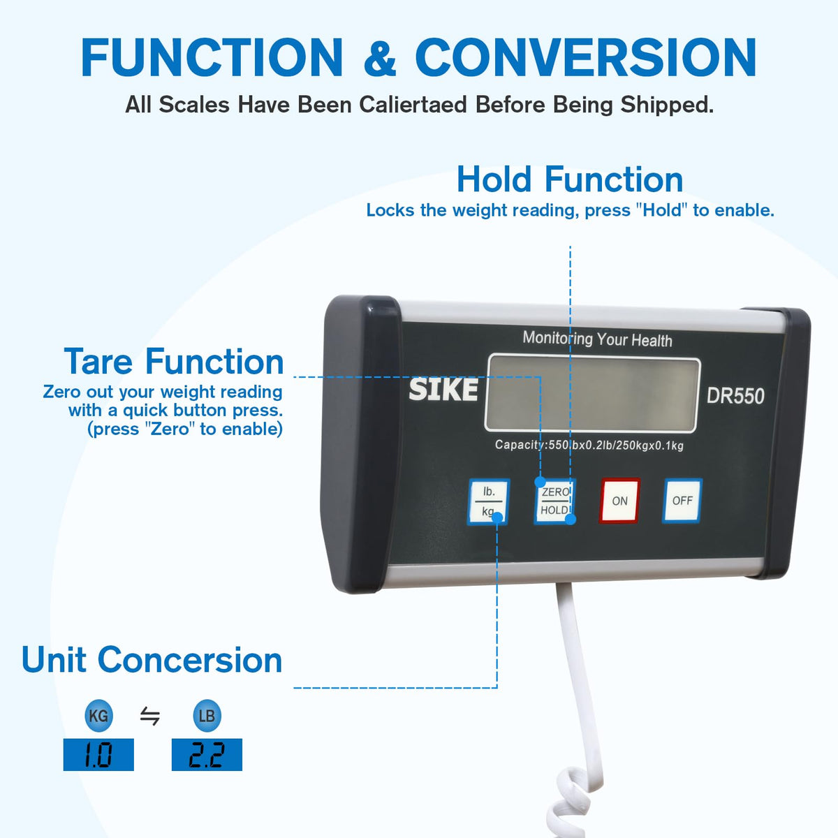 SIKE Digital Physician Scale, Medical Floor Scale for Body Weight, 550 lb Limit Professional Weight Scale, Portable Easy to Read Digital Display, Heavy Duty, Pound & KG Settings, 12.5" x 12" Platform