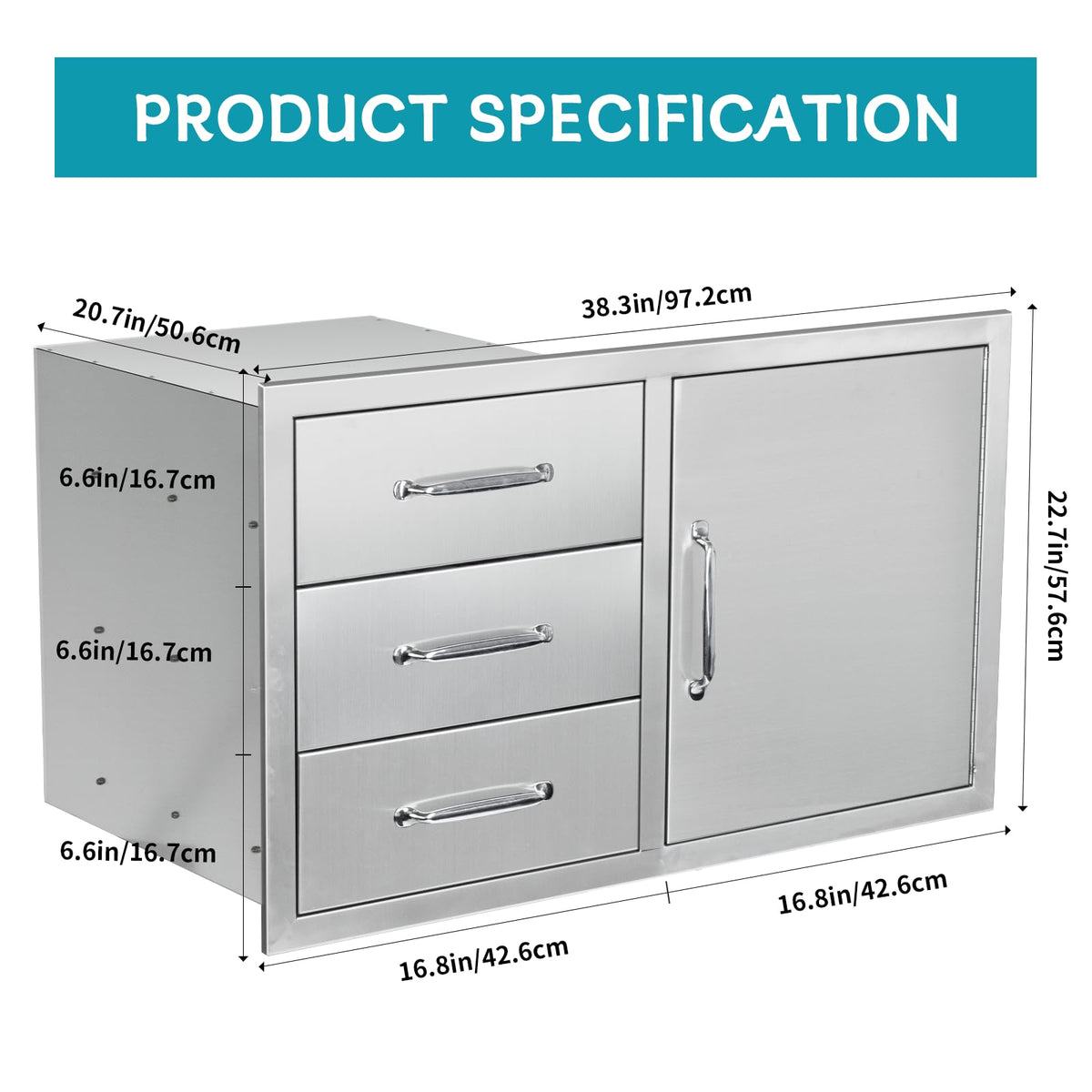 Outdoor Kitchen Door Drawer Combo Cabinet,38.1W x 22.6H x 20.8D Stainless Steel with Handles,Triple Drawers & BBQ Access Combo for Outdoor Kitchen Island (Drawer with Handle and Right Door Combo)