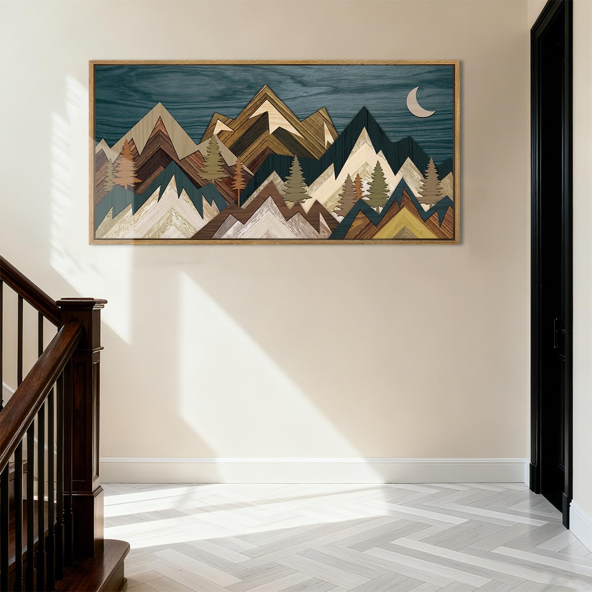 BINCUE Mountain Wall Art Framed Canvas Wall Art Nature Forest Wall Decor Rustic Farmhouse Wall Painting Moon Art for Living Room Bedroom Dining Room Large Size 20"x40"