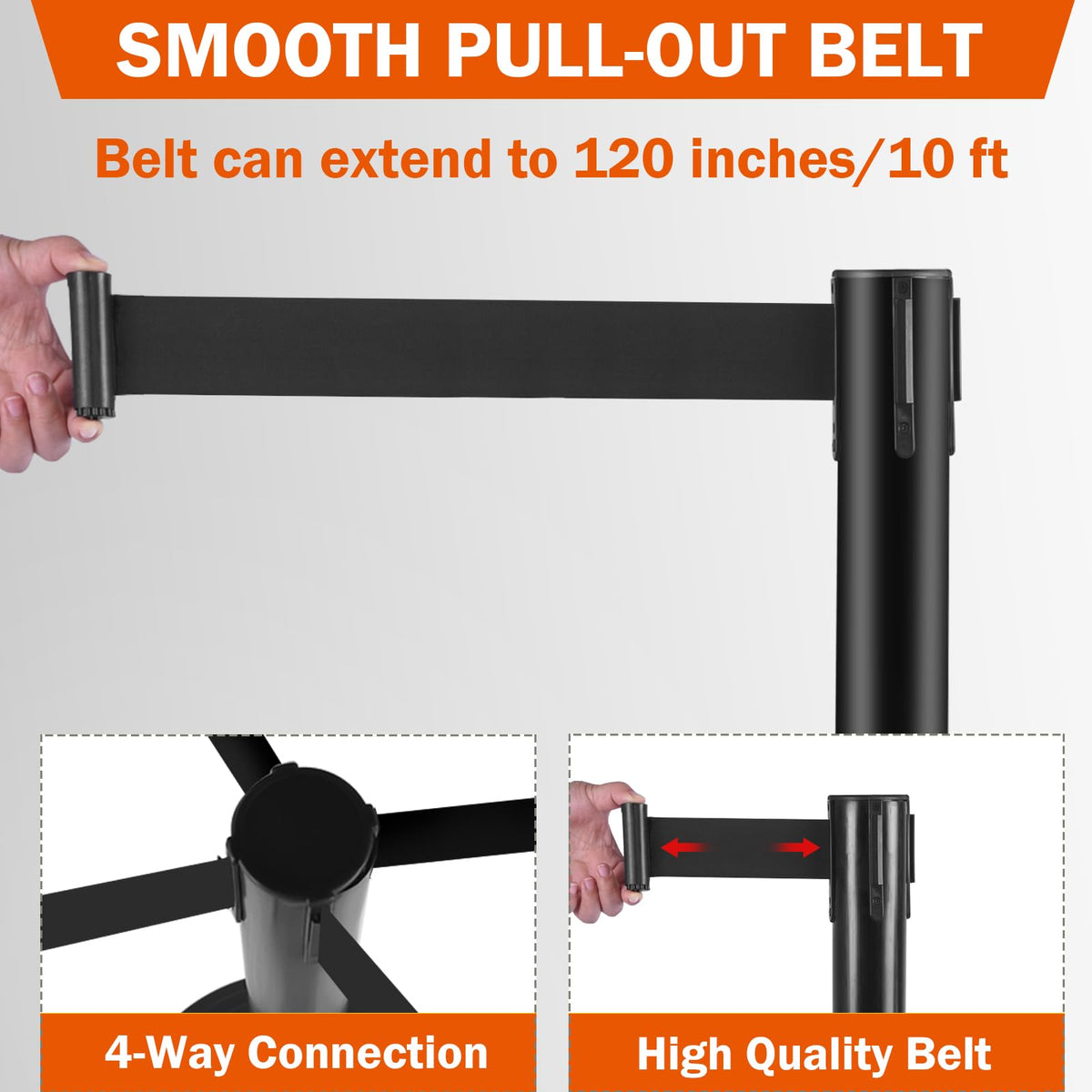 OranclUS 6 Pack Crowd Control Stanchions with 10FT Retractable Belt, Water Filled Base, Black Barrier Posts for Queue Management, Events, and Public Safety