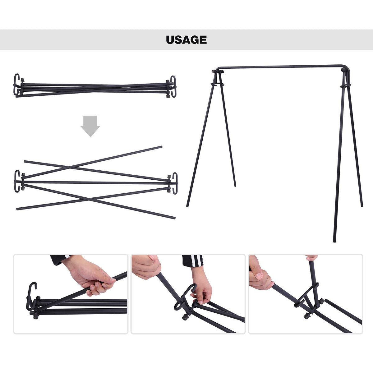 REDCAMP Swing Campfire Grill Stand - Collapsible Campfire Cooking Rack with 6 Hooks & Iron Grill Grate, Portable Dutch Oven Hanger for Outdoor Camping, Cookware, Bonfire, Rectangle
