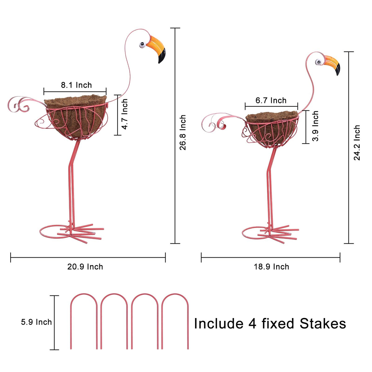 hogardeck Garden Decor for Outside, Set of 2 Pink Flamingo Planters with Basket, Metal Standing Flamingo Plant Pots Yard Art for Home Indoor Outdoor Garden Porch Lawn Patio Pool