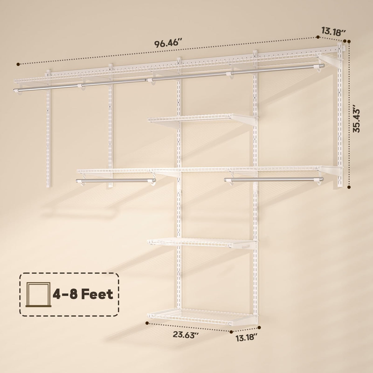 Homde Closet Organizer System Wall Mounted, 4-8 Ft. Adjustable and Expandable Metal Wire Shelving, Custom DIY Wardrobe Kit with Shelf, Clothes Hanging Rods, for Home Closet Laundry Mudroom