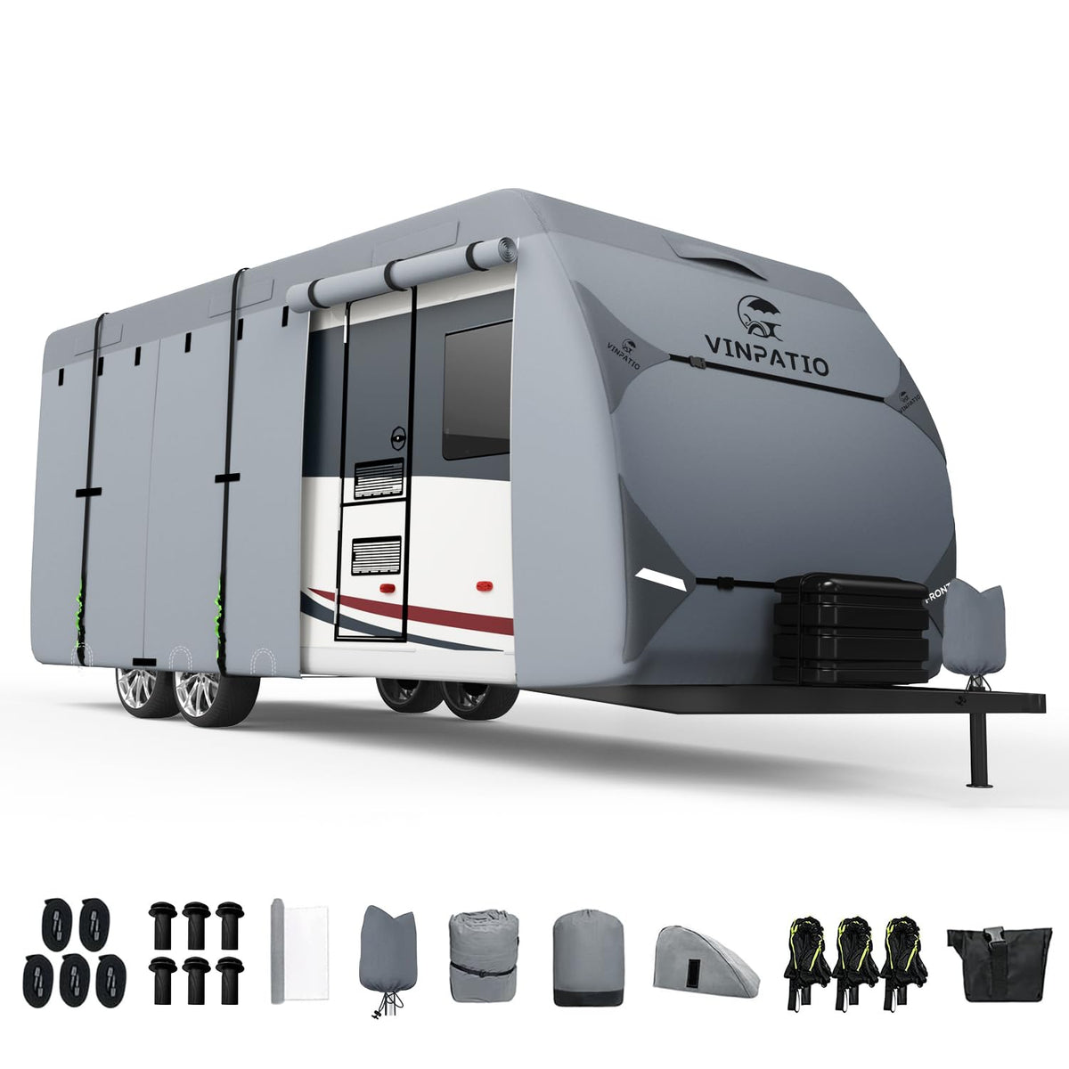 VINPATIO RV Cover, 7 Layers Heavy Duty Travel Trailer Cover, Toy Hauler Cover Fits 27'-30' RV, Camper Cover with Extra Windproof Straps, Gutter Covers, Tongue Jack Cover