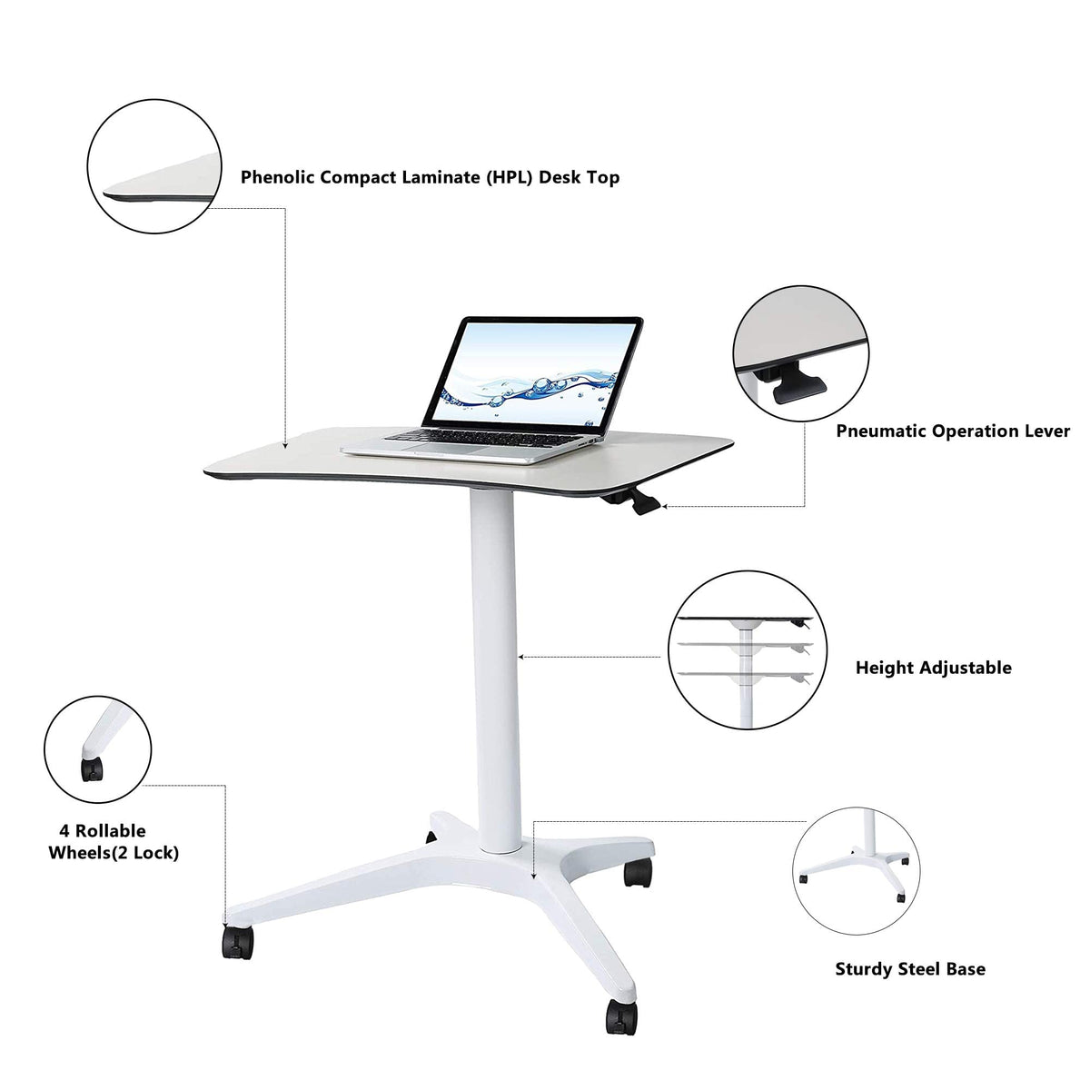 CARTMAY Mobile Standing Desk,Pneumatic Height Adjustable Laptop Desk, Mobile Laptop Desk with Wheels, Height Adjustable from 29.5'' to 47'',White