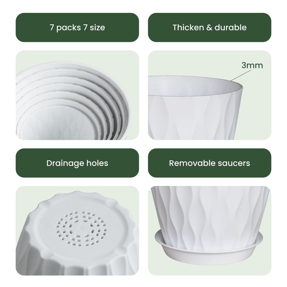 LESOASIS Flower Pots, 7/6.5/6/5.5/5/4.5/4 inch Plastic Plant Pots, 7 Pack Planter for Indoor Outdoor Plants, Nursery Planting Pot with Drainage Holes and Trays (White)