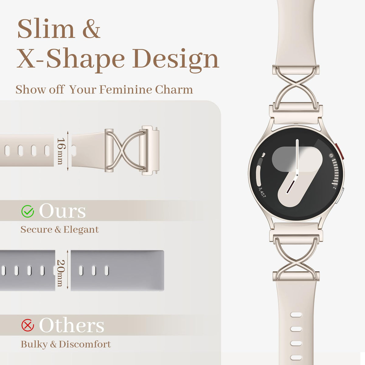 Getino Slim Silicone Bands Compatible with Samsung Galaxy Watch 7 Band 6 5 4 FE 40mm 44mm/Galaxy Active 2, 20mm Watch Band Thin Skinny Charms X-Shaped Soft Sport Strap for Samsung Watch Bands Women