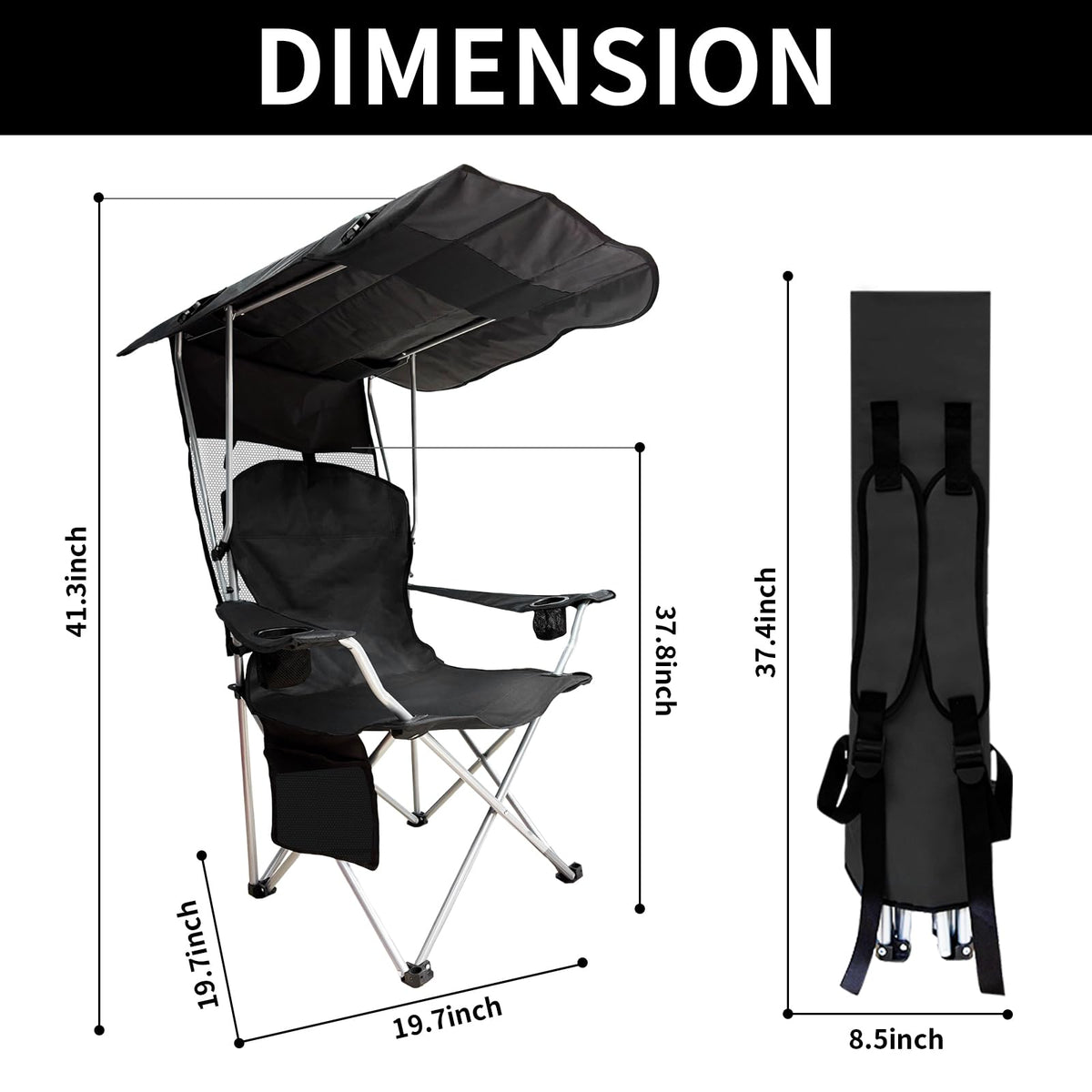 CAMP SOLUTIONS Portable Camping Chair with Canopy Shade- Folding Camping Lounge Chair with Cup Holder & Side Pocket for Outdoor Camping, Fishing, Beach - Support 330 LBS(BLACK-2PK)