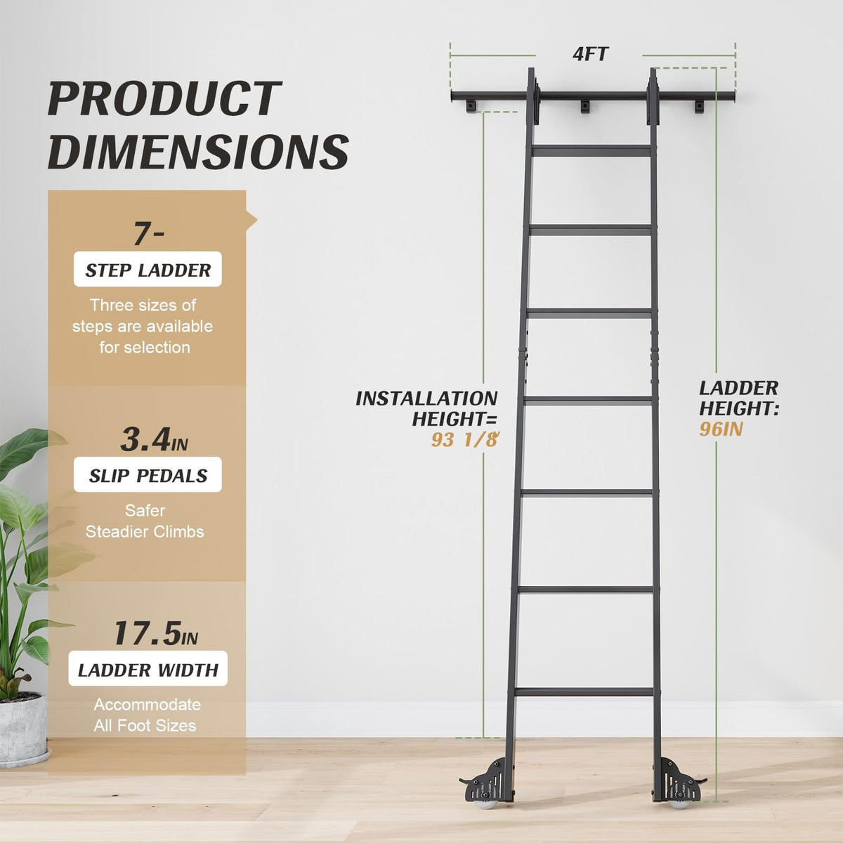 Fredbeck 8ft Rolling Library Aluminium Step Ladder 96" with 4FT Sliding Hardware Track Kit Bottom Wheel Included,for Kitchen,Loft,Warehouses,Bookstore,Atti,Dressing Room,Metal Black