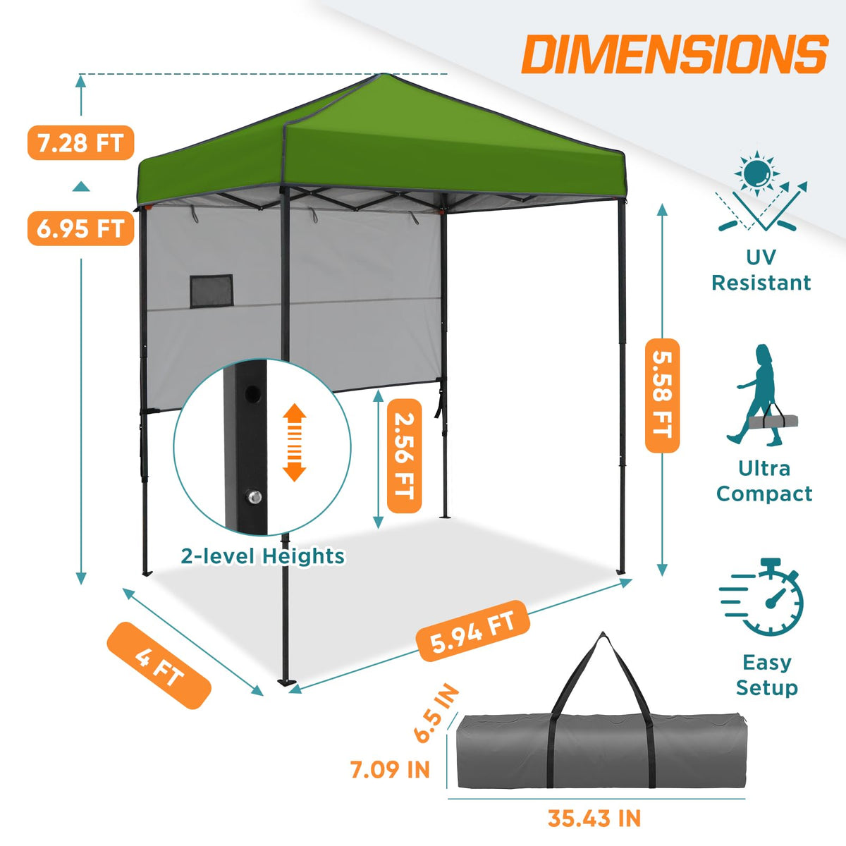 COOS BAY 6x4 Pop Up Canopy Tent with Adjustable Side Wall, Easy Setup Lightweight Portable Sun Shelter for Beach, Camping & Small Spaces, Grass Green