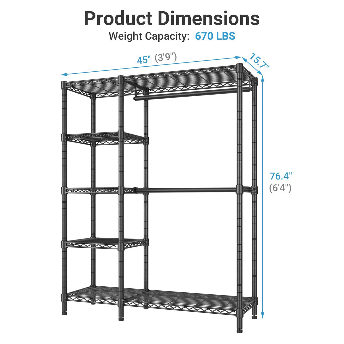 VIPEK V7 Garment Rack for Hanging Clothes Heavy Duty Clothes Rack with Shelves, Portable Closet Racks Metal Clothing Racks 5 Tiers Freestanding Closet Wardrobe System, Max Load 670lbs, Black