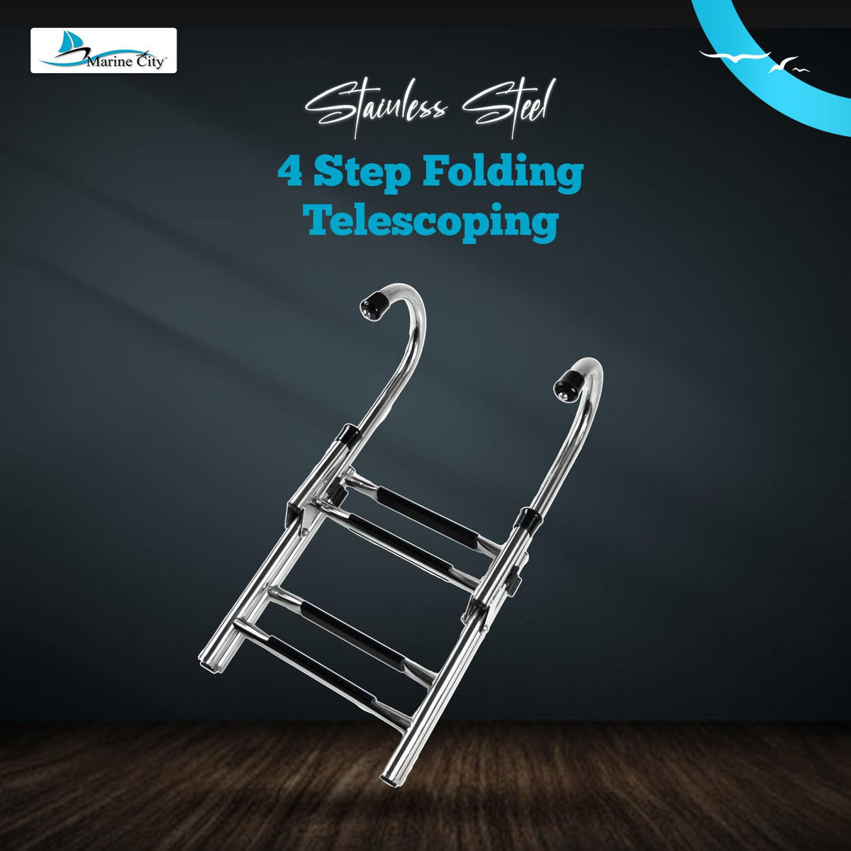 MARINE CITY Stainless Steel Anti-Slip 2+2 Step Folding Telescoping Dock Ladder - Ideal for Marines, Boats, Yachts, Swimming Pools