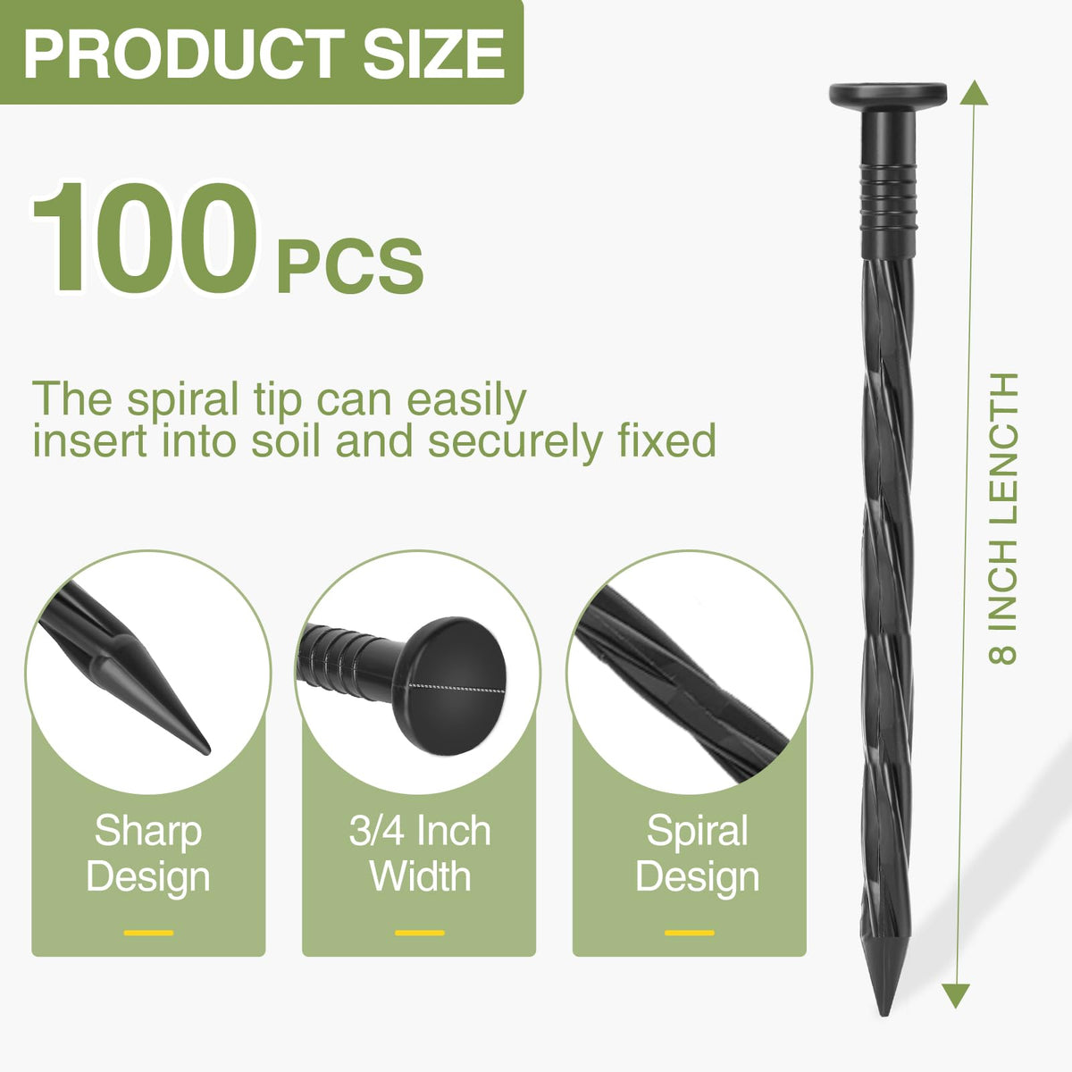 100Pack Plastic Landscape Edging Spikes, 8 Inch Spiral Landscape Anchoring Spikes，Landscape Spikes for Garden Lawn Yard, Paver Edging, Weed Barrier, Artificial Turf & More