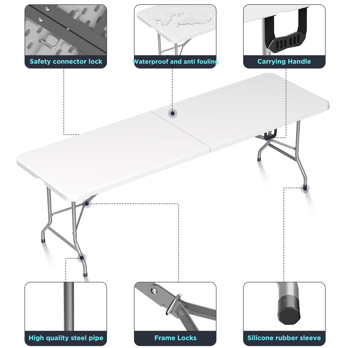 HLPB Folding Table Picnic Table, 8 ft Portable Camping Table with Handle and Safety Locks, Foldable Table Plastic Dining Table Indoor Outdoor for Camping, Picnic and Party