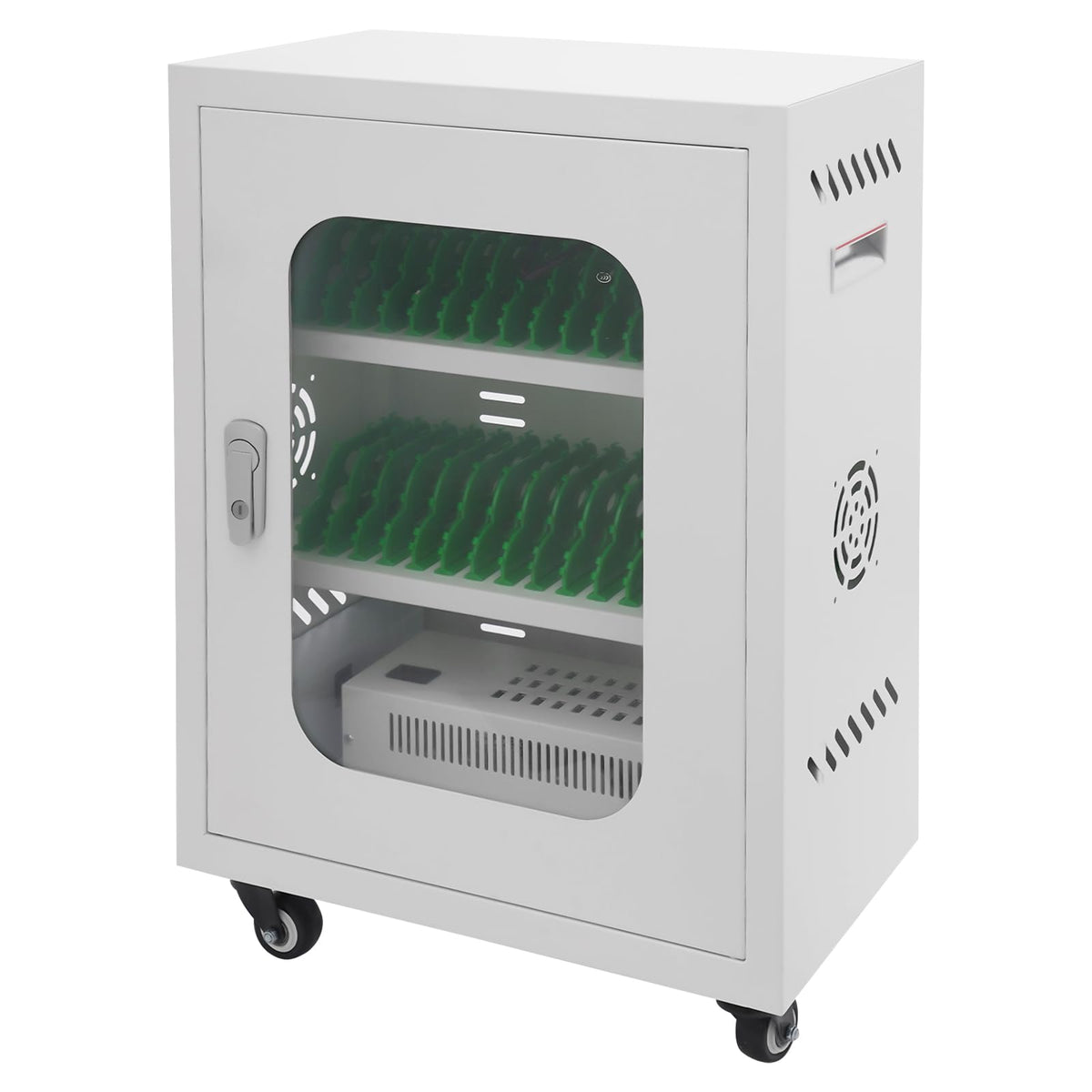 QUEWATSA 30 Slots Cell Phones Charging Station, Rechargeable Cellphone Locker Storage Charging Station, Mobile Charging Cart with Charging Ports, Wheels & Combination Lock (White)