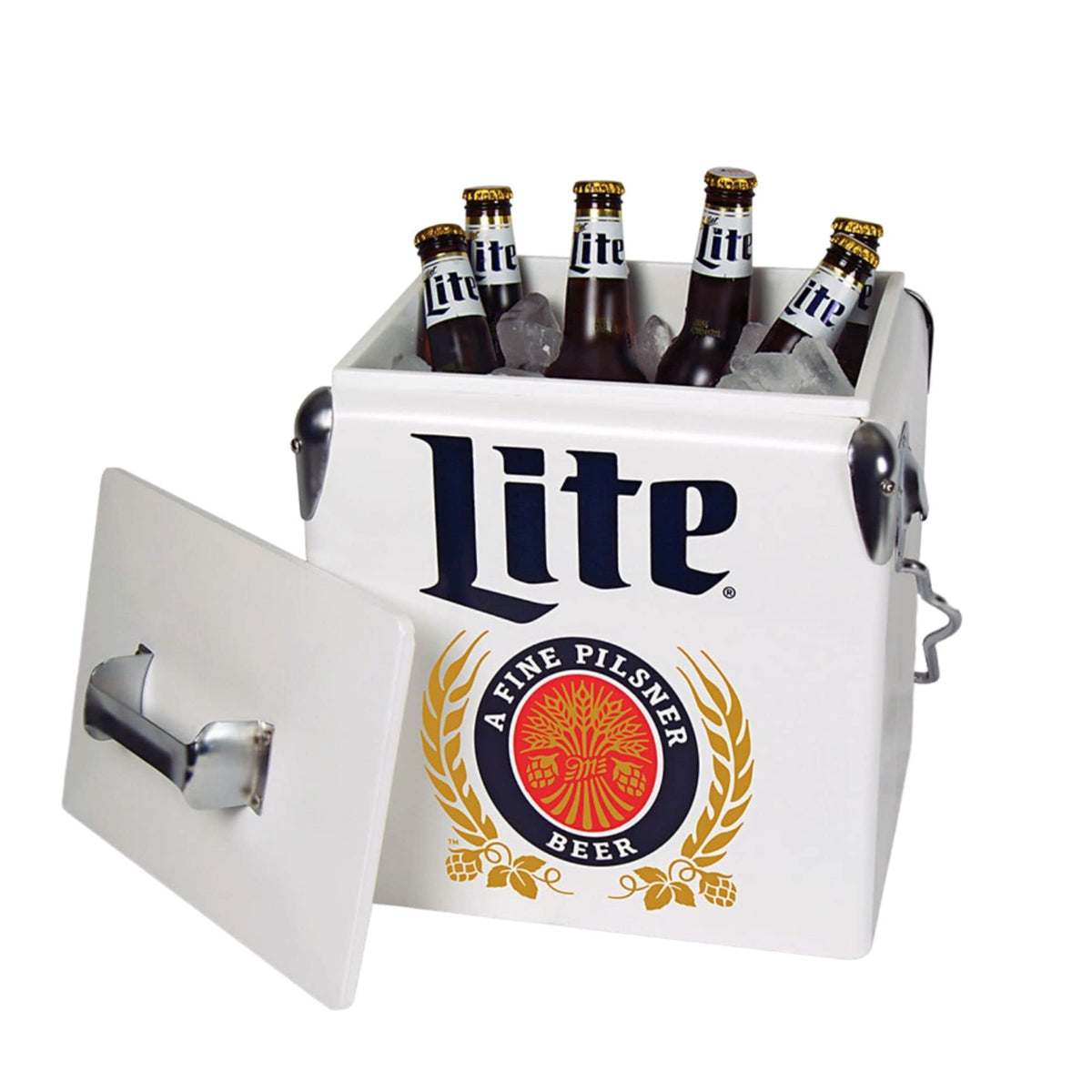 Miller Light Retro Ice Chest Cooler - 18 Can Ice Box, Portable Ice Bucket with Bottle Opener, Vintage Style, Insulated for Camping, Beach, Picnic, RV, BBQs, Tailgating, Fishing, 13L (14 qt)