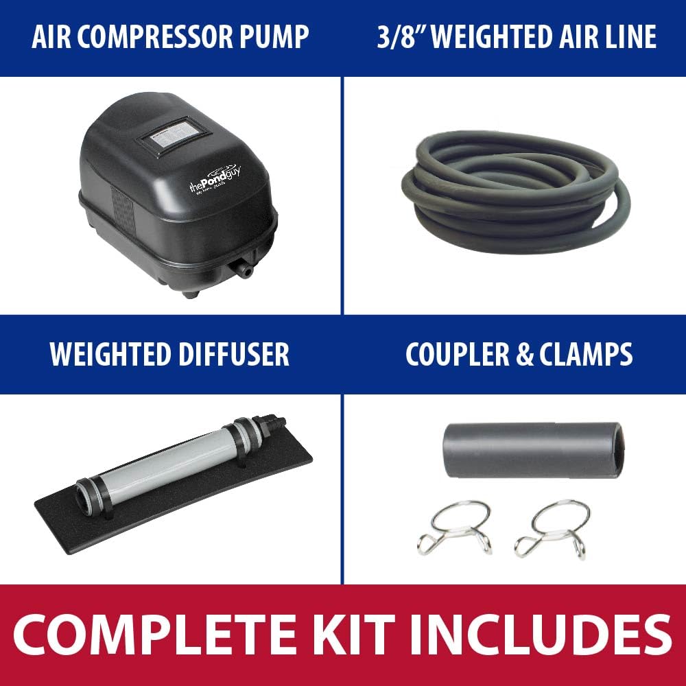 The Pond Guy Pond Aerator 1, Complete Aeration Kit, Water Garden Oxygenation Bubbler System Adds Oxygen to Koi & Fish Ponds, Outdoor Diaphragm Compressor Pump, Air Line & 1 Submersible Diffuser Stick