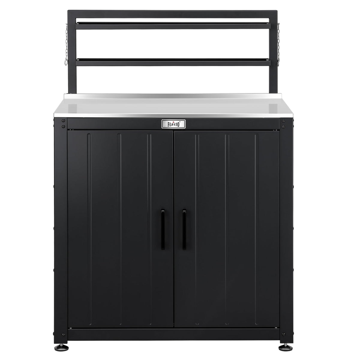 Feasto Outdoor Potting Bench Table with Storage Cabinet, Stainless Steel Garden Workstation, Raised-Edge Top, Adjustable Shelf & Removable Hutch for Patio, Balcony & Outdoor Workspace, Black