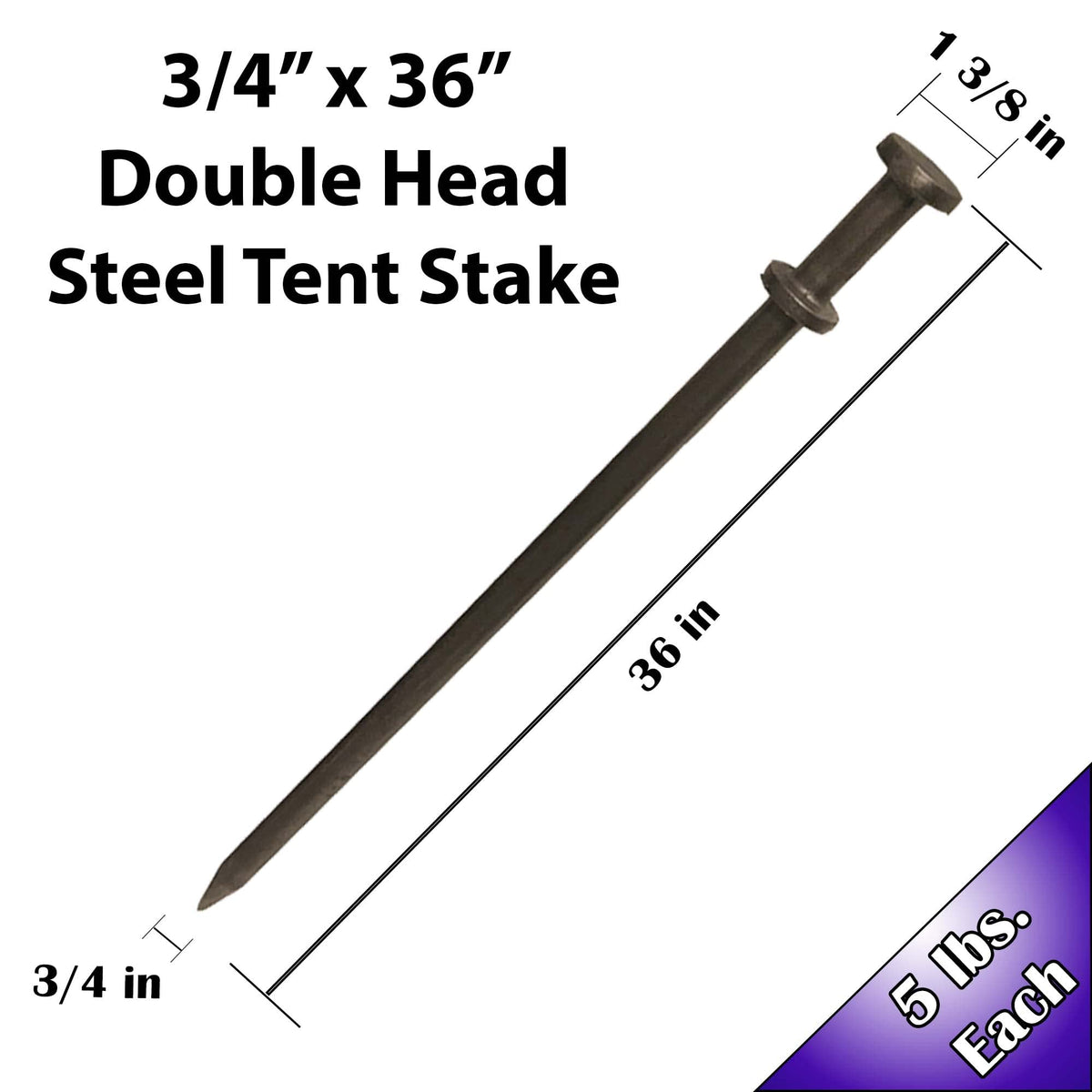 Moose Supply Double Head Tent Stakes, Heavy Duty Steel Outdoor Ground Spikes to Anchor Commercial Inflatables, Party Tents and Camping Shelters, 3/4 Inch x 36 Inch, Pack of 4