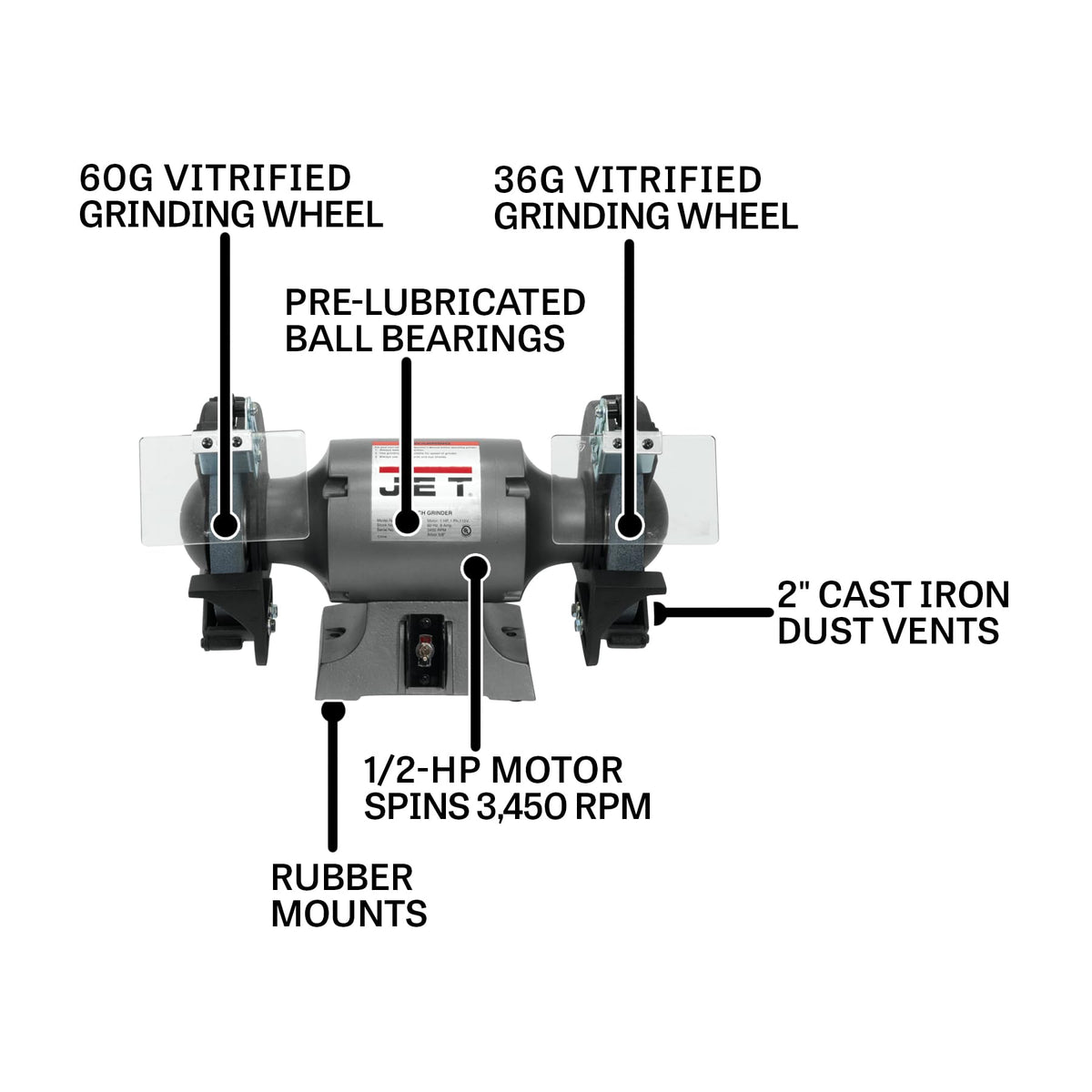 JET 8-Inch Bench Grinder, 3450 RPM, 1/2 HP, 120V 1Ph (Model JBG-8)