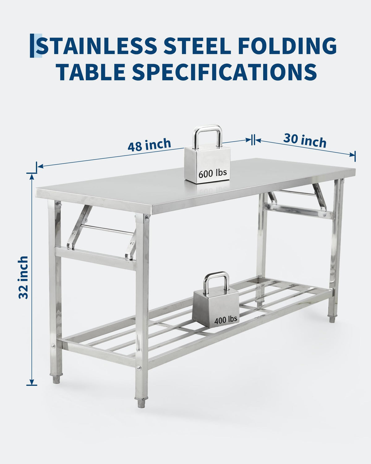 Commercial Stainless Steel Folding Table with Undershelf，48 x 30 Inch Heavy-Duty Kitchen Island Worktable Workstation for Food Prep, Restaurant, Catering & Home Use | Portable Work Table for Kitchen,