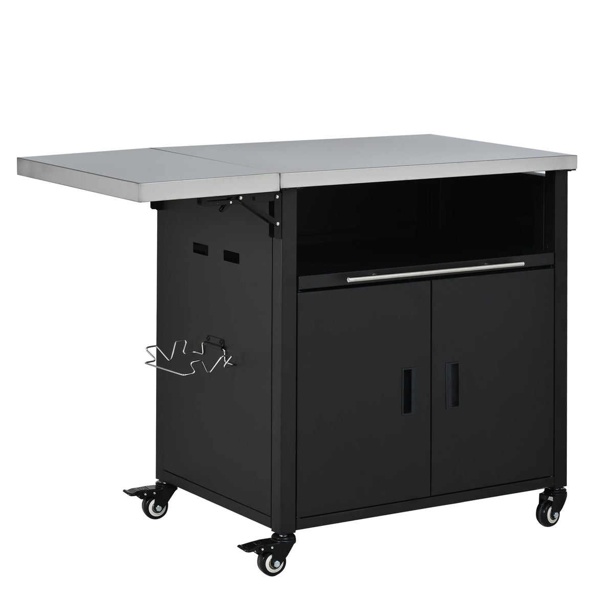 Merax Foldable Outdoor Kitchen Island & BBQ Prep Cart with Stainless Steel Top &Trash Rack & Lockable Wheels & Storage Cabinets – Portable Patio Dining Station for Grilling & Backyard & Camping, Black