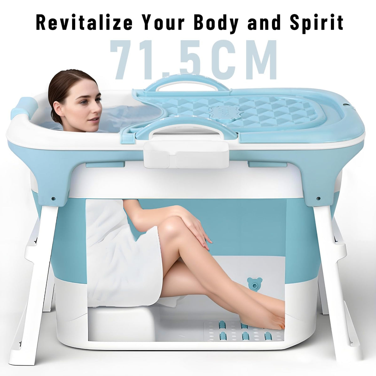 PlayNeew 103cm Portable Folding Bathtub, Small Foldable Soaking Tub with Ergonomic Seat & Massage Roller, Large Collapsible Freestanding Tub for Adults, Hot/Ice Bath Blue