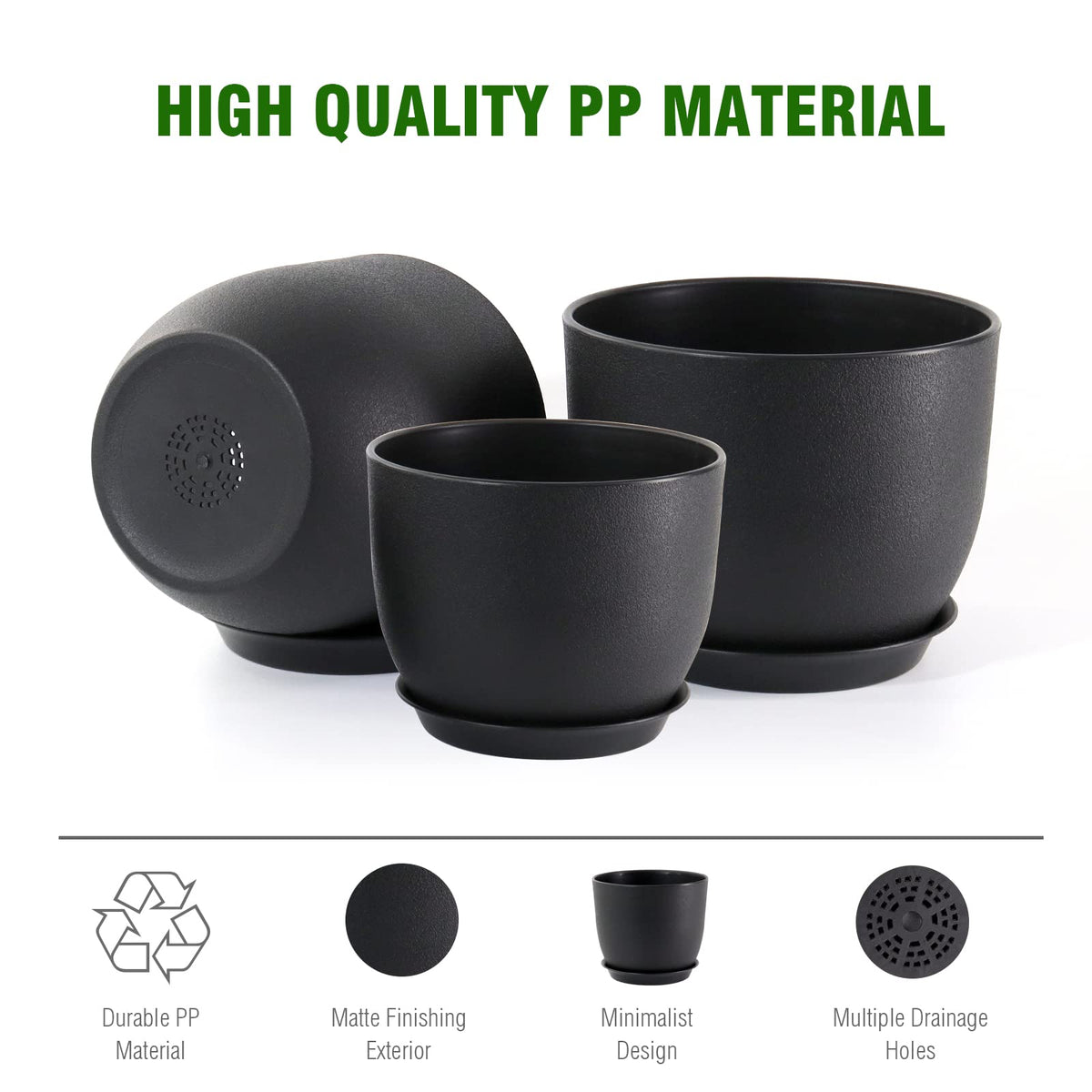WSMKSZ 12/10/9 inch Big Flower Pots, 3 Pack Modern Decorative Plastic Planters with Drainage Holes and Tray, Plant Pots for Indoor Outdoor Plants, Black