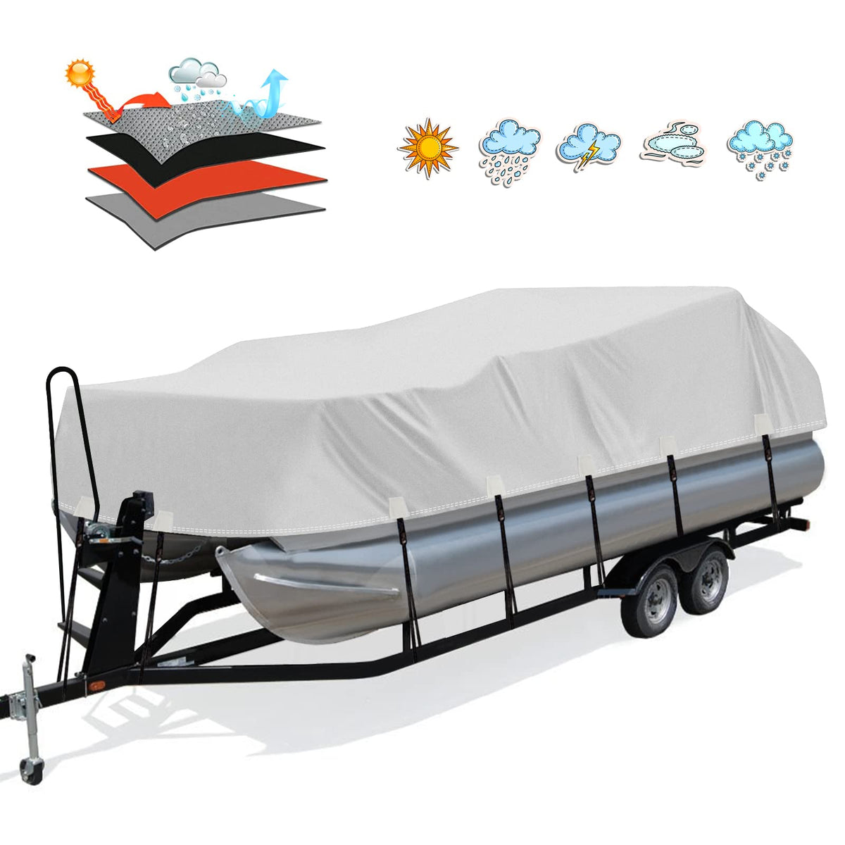Solim Trailerable 1200D PU Heavy Duty Pontoon Boat Cover, 25-28ft Waterproof Marine Grade Oxford UV Resistant Polyester Canvas Cover, Boat Cover for Pontoon with Adjustable 20 Tie Down Straps, Gray