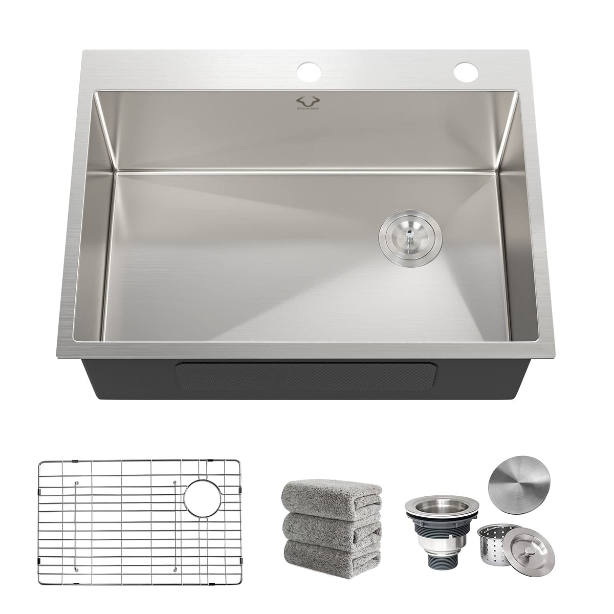 Kitchen Sink 27 x 22 inch Drop-In Top Mount 16 Gauge Tight Radius Single Bowl 2-Hole Stainless Steel Kitchen Sink and Accessories (Pack of 4)