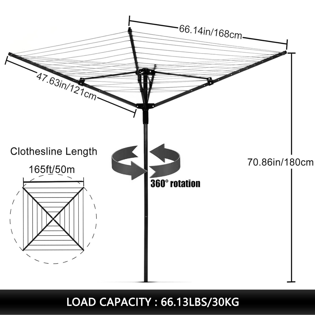 Outdoor Umbrella Clothesline, 165 Feet Heavy Duty Rotary Dryer with 12 Lines & 4 Arms, Adjustable Height Foldable Retractable Collapsible Metal Drying Rack for Backyard, Patio, Garden